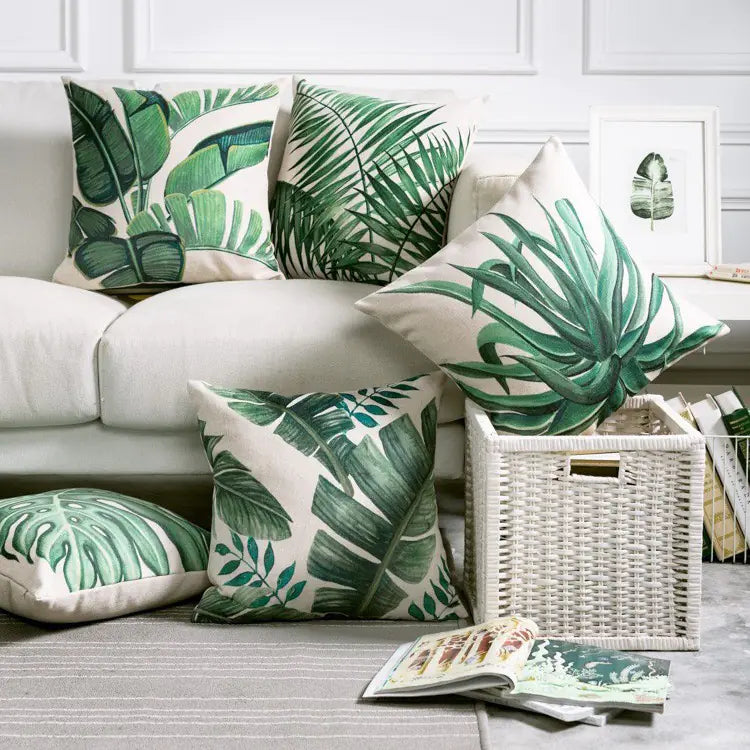 Hand-Painted Tropical Green Leaf Embrace Pillowcase