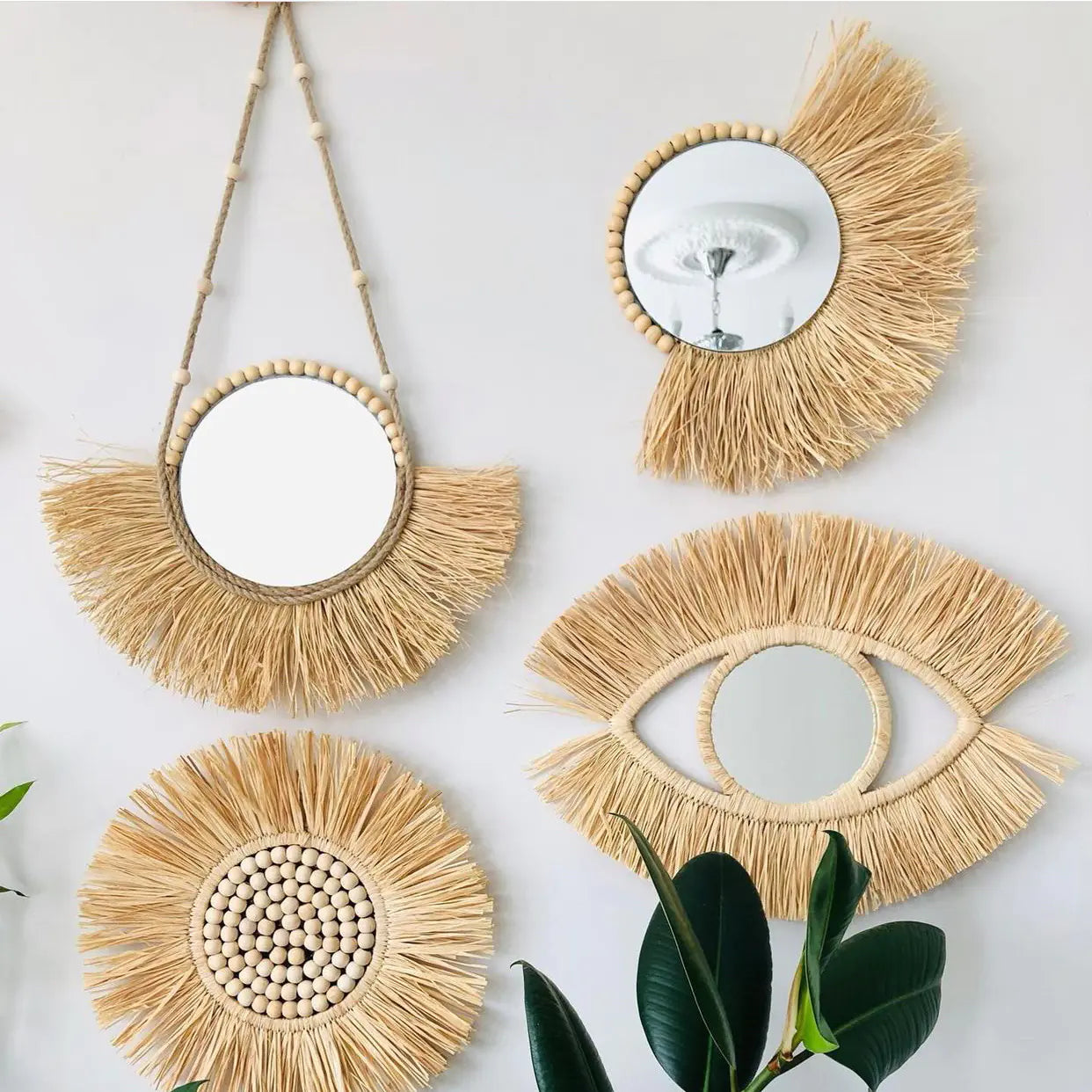 Moroccan Wooden Bead Woven Mirror Wall Decor